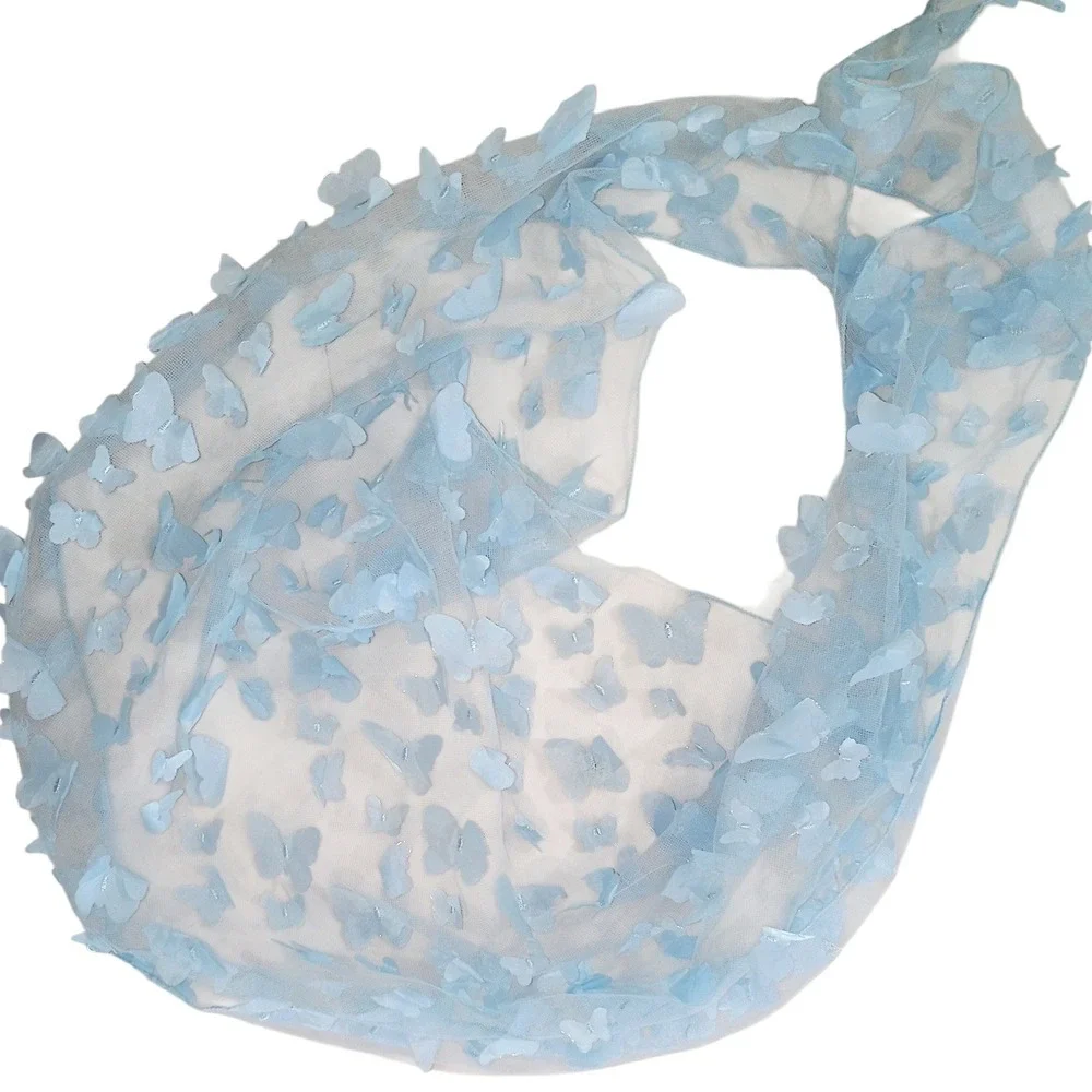 Light Blue 3D Butterfly Mesh Head Scarf Babushka Kerchief Fairycore‎ Accessory